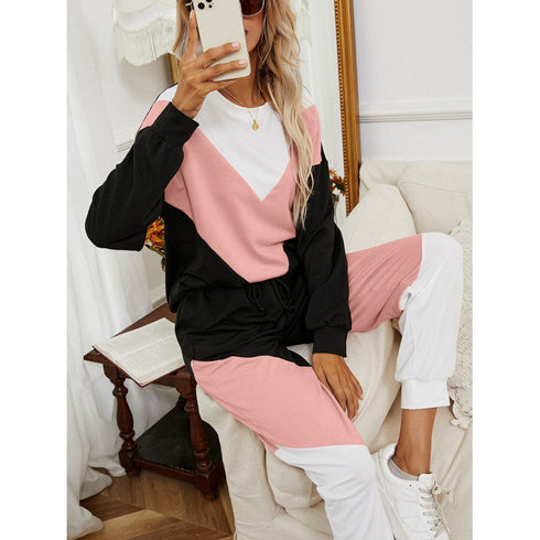 Colorblock Long Sleeve Trousers Elastic Waist Suit Women - ROUTINE FASHION